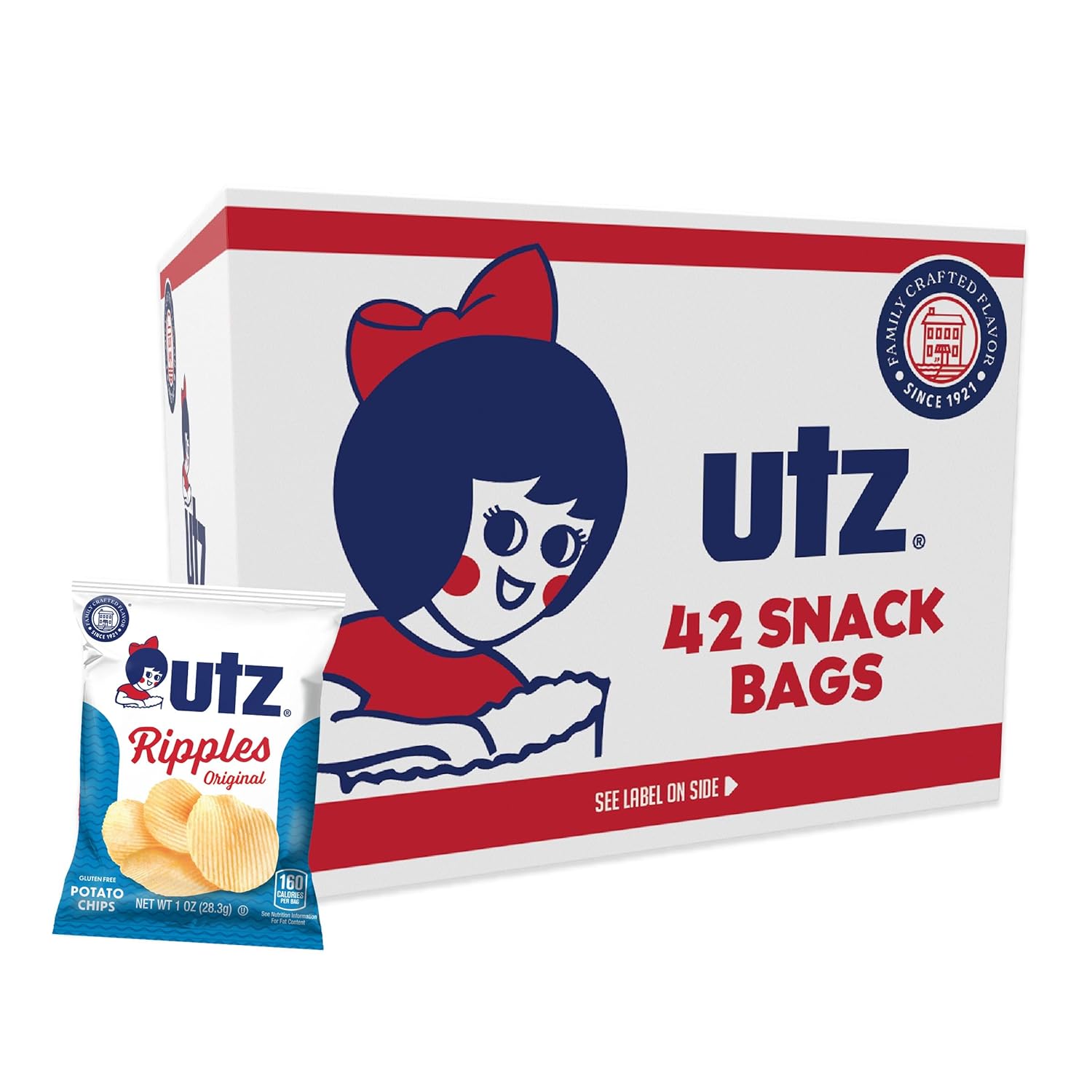 Utz Ripples Original Crispy Chips Made from Fresh Potatoes, 42 Count, Crunchy Individual Snacks to Go, Gluten Free Snacks, brand is Utz, variation theme is Flavor that is Ripples Original, Size that is 42 Count (Pack of 1).
