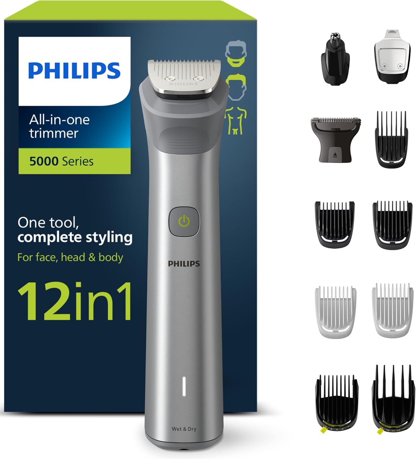 Philips Series 5000 All-in-one Trimmer, 12-in-1 Multigroom for face, head and body, One tool, complete styling, 14 length settings (0.5-16 mm) (Model: MG5950/15)