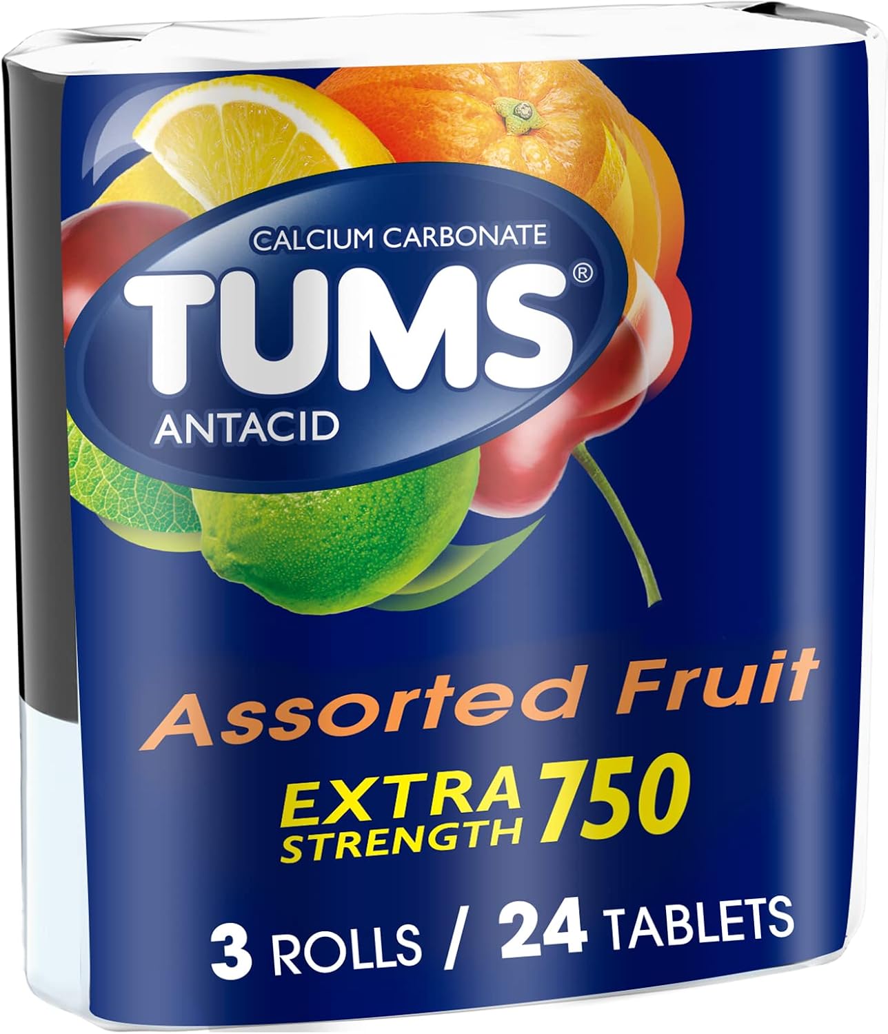 TUMS Antacid Chewable Tablets, Assorted Fruit, 24 Count Roll, 3 Pack | Extra Strength Formula, Neutralizes Acid Instantly for Indigestion and Upset Stomach, Multi-Symptom Relief, Gluten Free