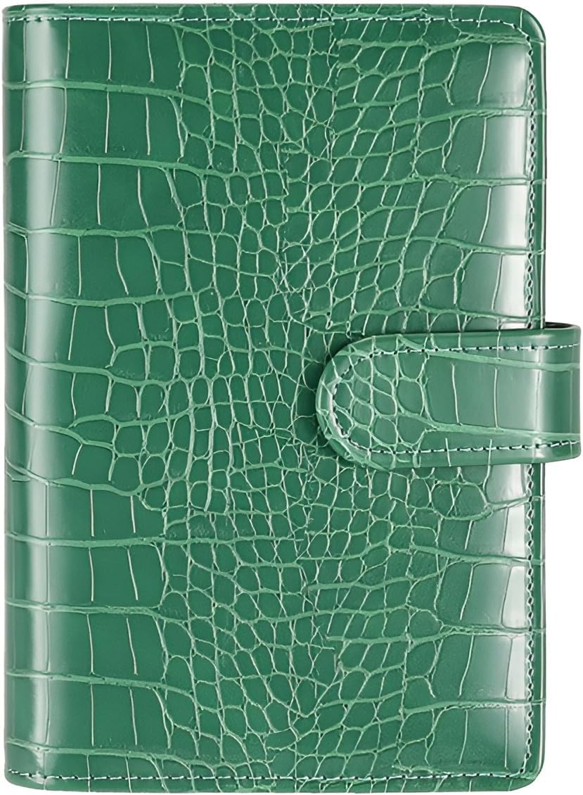 A6 6 Ring Budget Binder - Crocodile Pattern Leather Notebook Binder, Small Refillable Planner Cover with Magnetic Buckle, Green