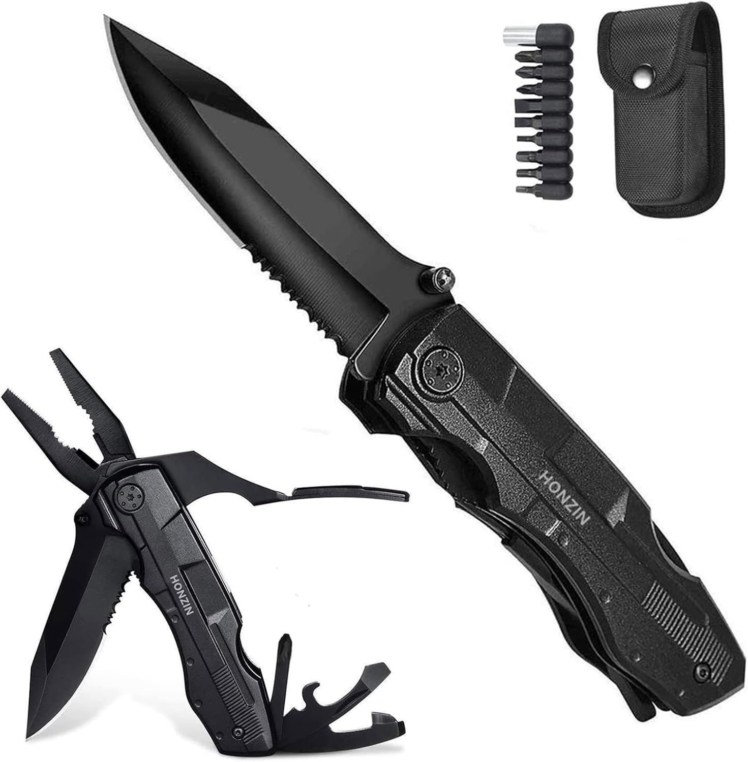 HONZIN Multitools Pliers, Foldable Multi-Purpose Pliers, Stainless Steel Multifunctional Pliers Multitool with Nylon Pouch, Bottle Opener, Screwdriver, Can Opener, Ideal for Camping, Hiking, Outdoor