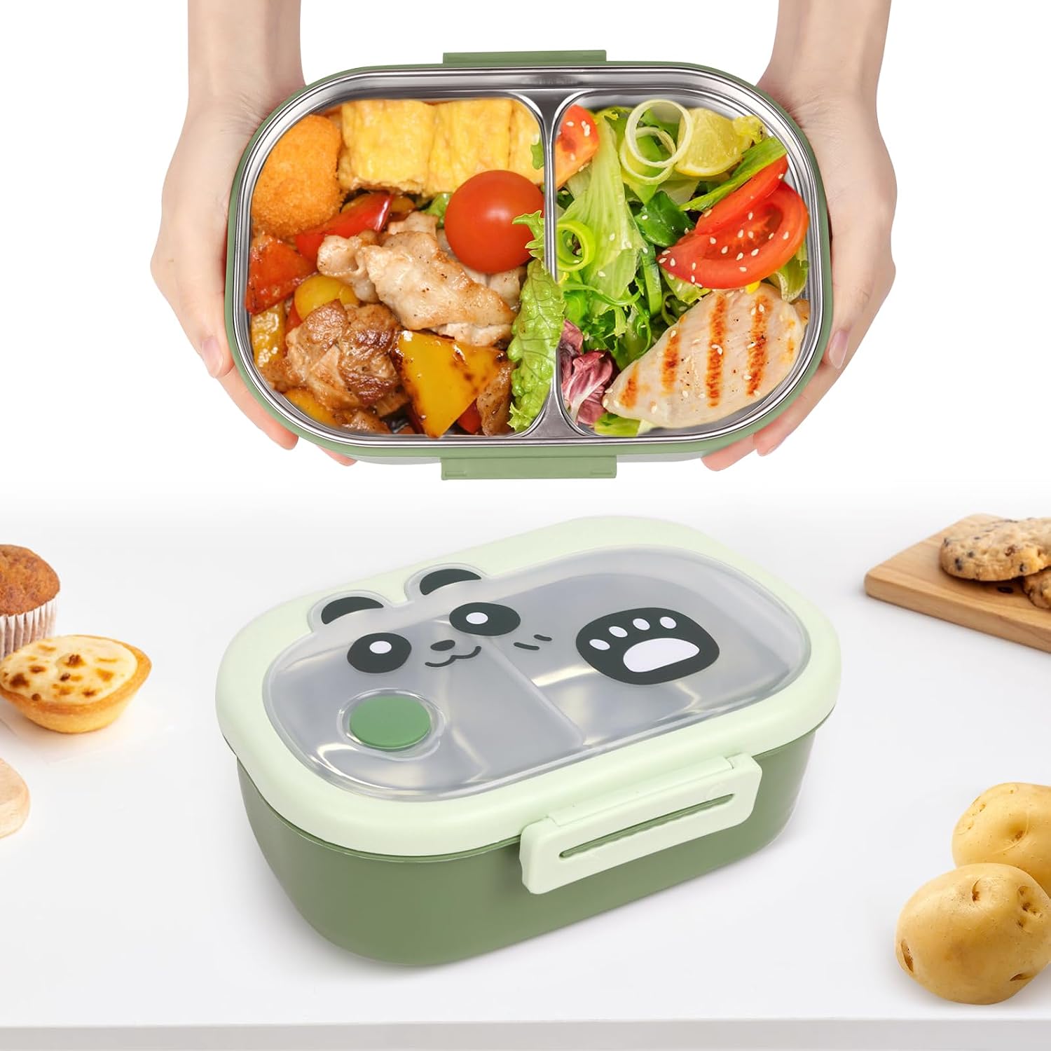 Minicoco Bento Lunch Box, Stainless Steel 2-Compartment, Heavy Duty Thermal Bento Box - Leakproof, Stackable, Green