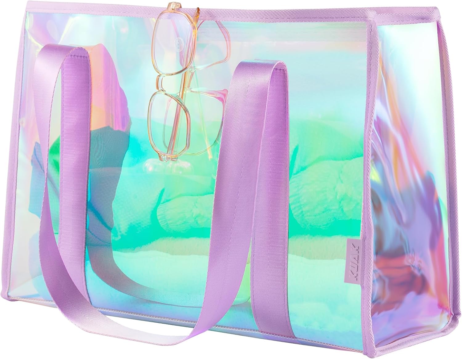 KUAK Large Beach Tote Bags for Women Gorgeous Iridescent Clear Tote Bag Waterproof Sandproof Beach Bag with Inner Waterproof Zipper Pocket, Tip-Proof for Swim, Pool, Travel, Cruise, Boat-Purple Strap