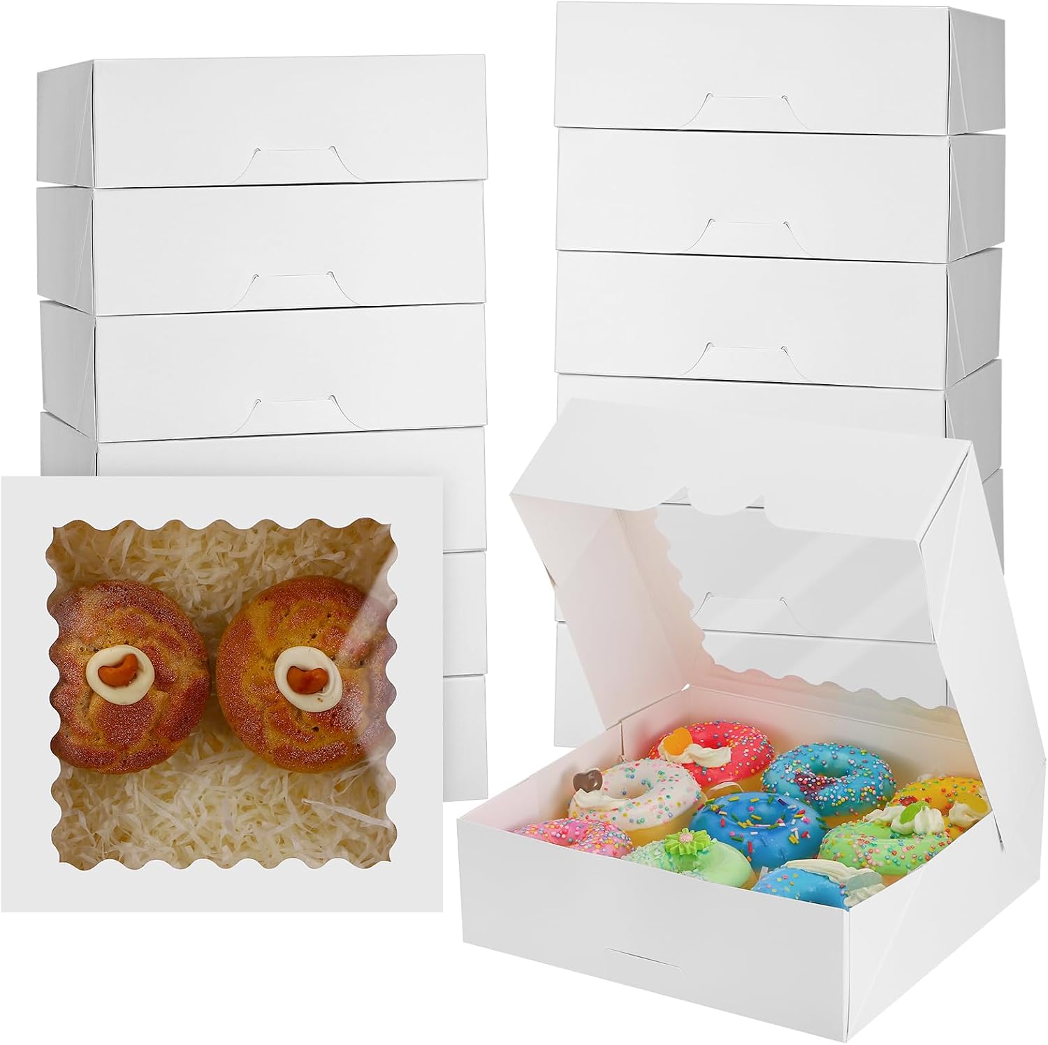 saerryor 16 Pack White Cookie Boxes with Window 20.5x20.5x6.5cm, Bakery Cake Boxes Pre Folded Gift Packaging Box for Pastry Macaron Dessert Biscuit Chocolate