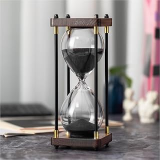 Hourglass Timer 60 Minute, Metal Wooden Frame Decorative Sand Timer (Black Sand, Large Size)