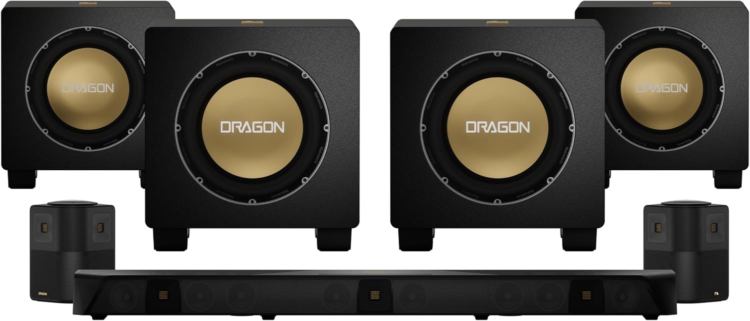 Nakamichi Dragon Home Surround Sound System with Quad 12" Subwoofers, Dolby Atmos and DTS:X Pro. Soundbar Meets AV Receiver