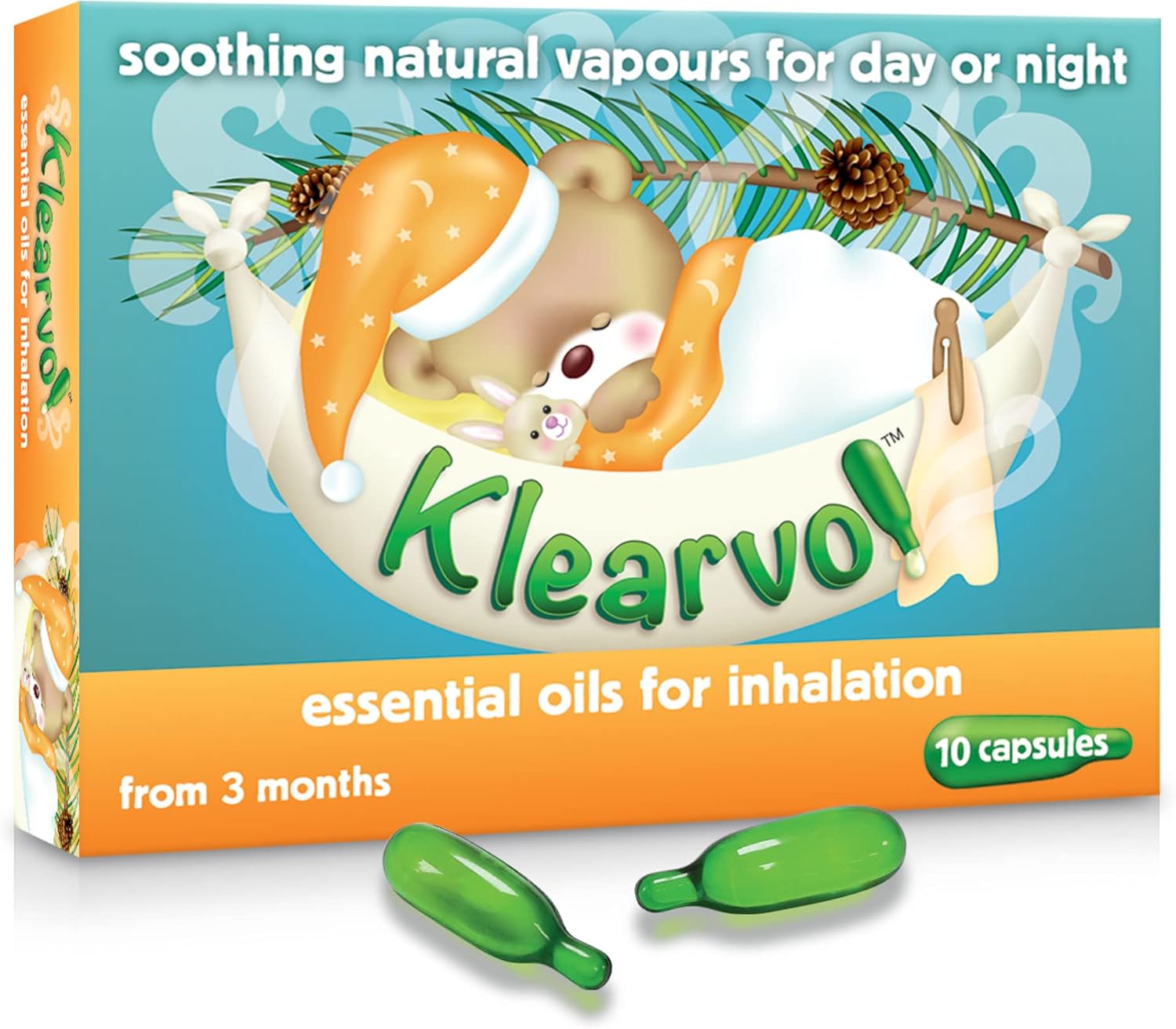 Klearvol Essential Oils Inhalation Capsules - from 3 Months Onwards - Natural Vapours for Day and Night - for Sweet Dreams - Contains Pine Oil, Thyme and Menthol - 10 Capsules