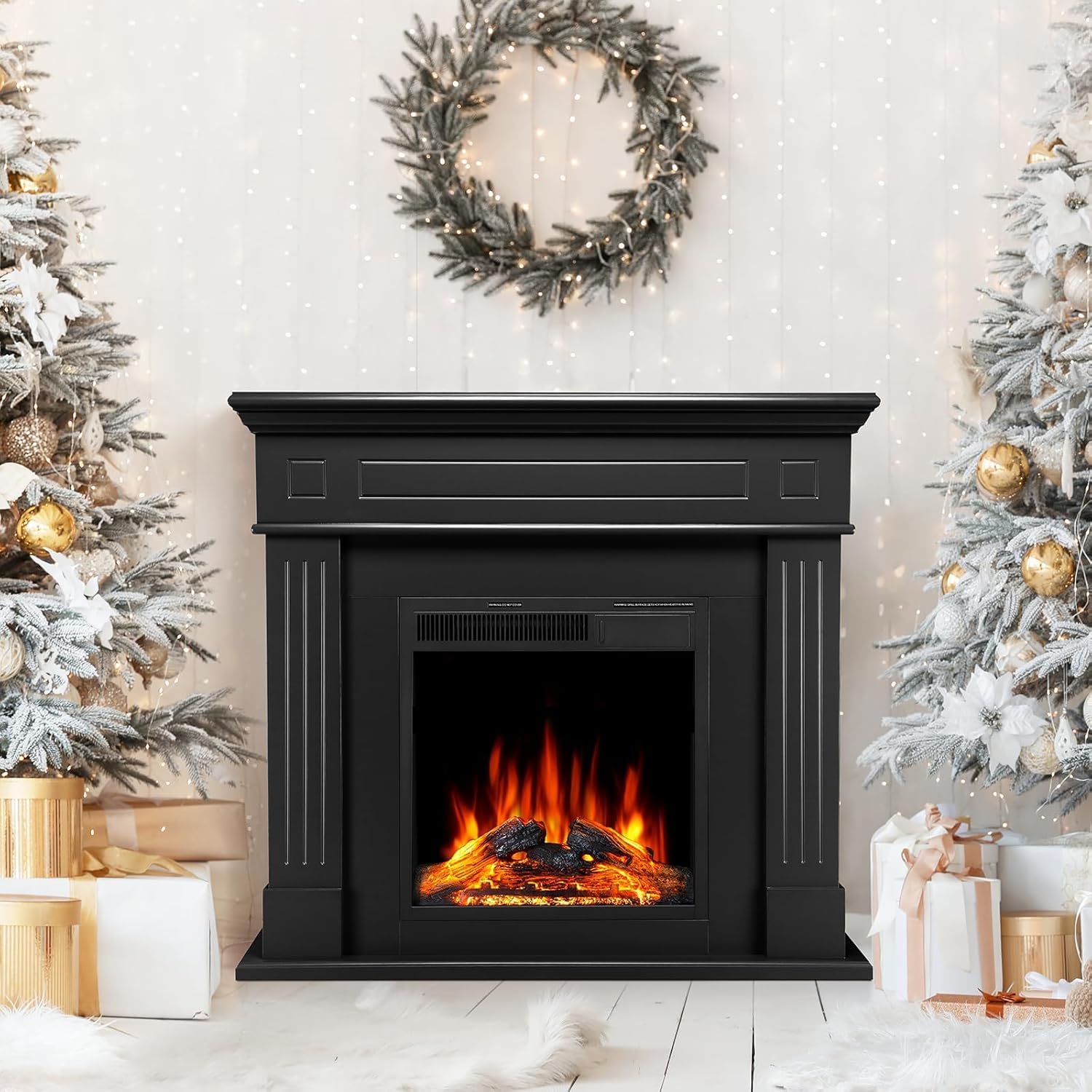 43 Inch Fireplace TV Stand with Mantel - Electric Fireplace Heater, Wooden Entertainment Center, Adjustable LED Flame, Freestanding (750W/1500W),Black