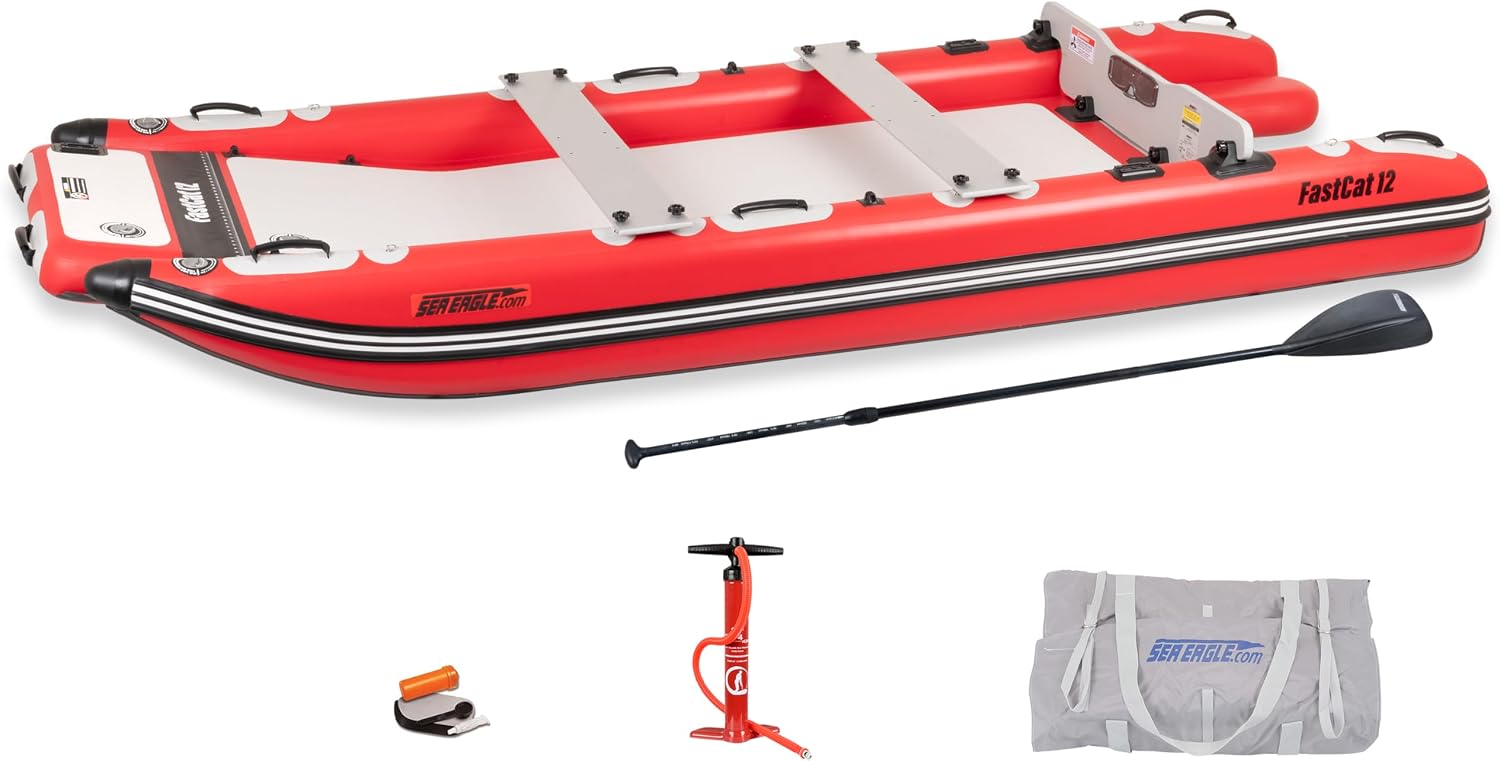 Sea Eagle FastCat Catamaran 2-4 Person Inflatable Boat-Rigid, High-Pressure, All-Drop Stitch, Easy Setup, Self-Bailing