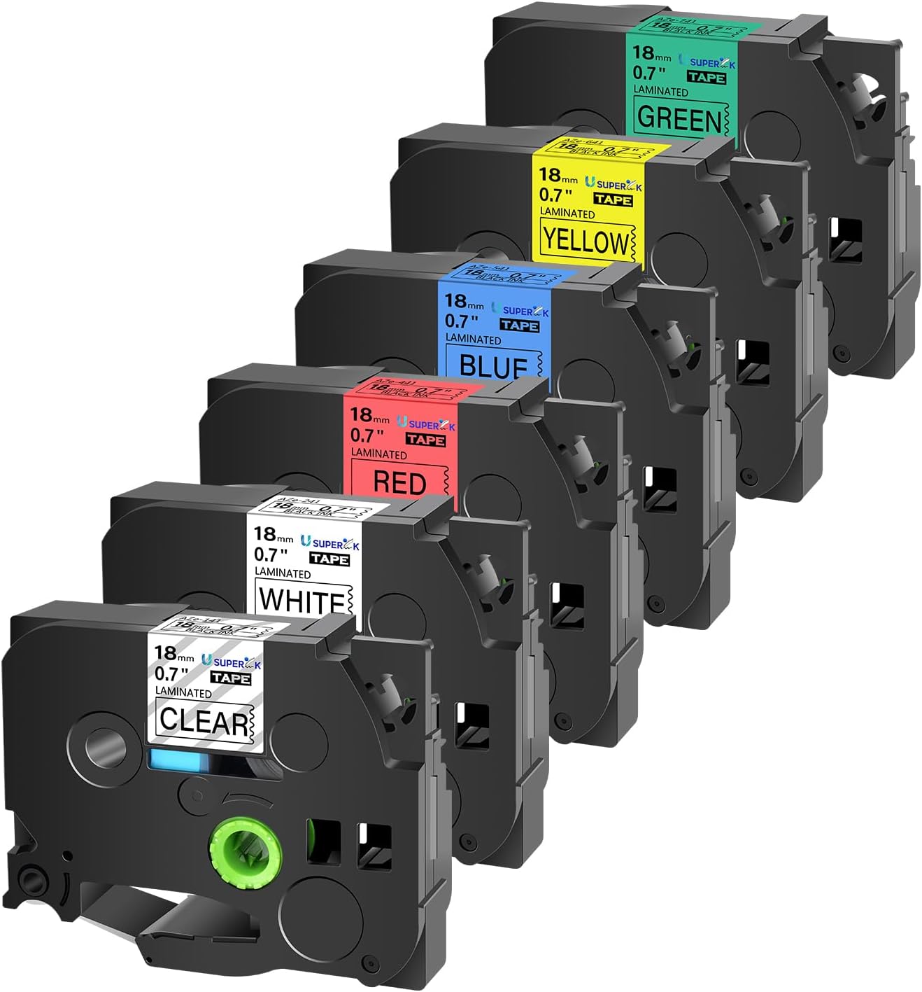 SuperInk 6 Pack Compatible P-Touch TZ TZe Laminated Label Tapes TZe-141 TZe-241 TZe-441 TZe-541 TZe-641 TZe-741 Black on Clear/White/Red/Blue/Yellow/Green, 3/4 Inch (18mm) x 26.2 Feet (8m)
