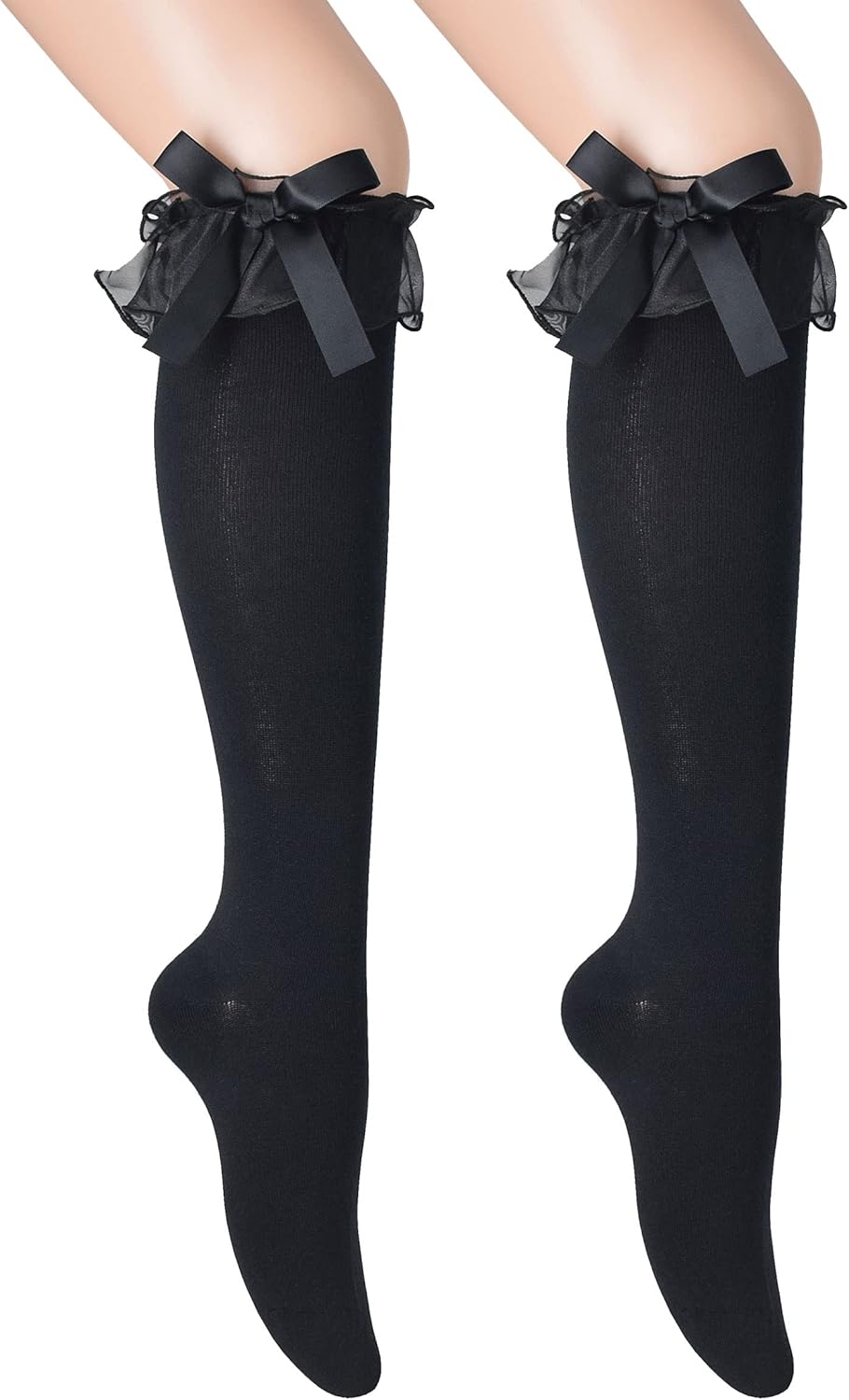 SRYL Women Girl's Cotton Knee High Socks with Lace Ruffle Trim Socks, Calf Socks Bow Style…