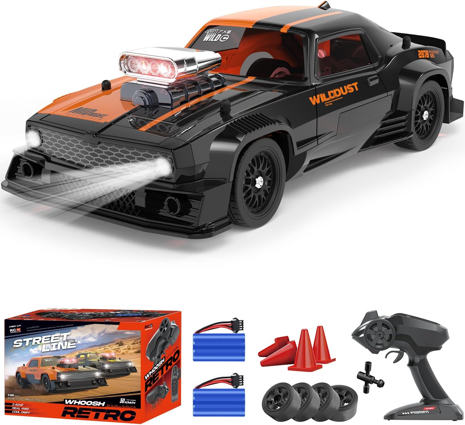 Dollox Full Scale 1/16 RC Drift Car – 50+KM/H High-Speed 4WD Proportional Steering, 2.4GHz Remote Control, LED Lights, Dual Batteries, Extra Drift Tires – Racing Toy & Gift for Boys & Adults