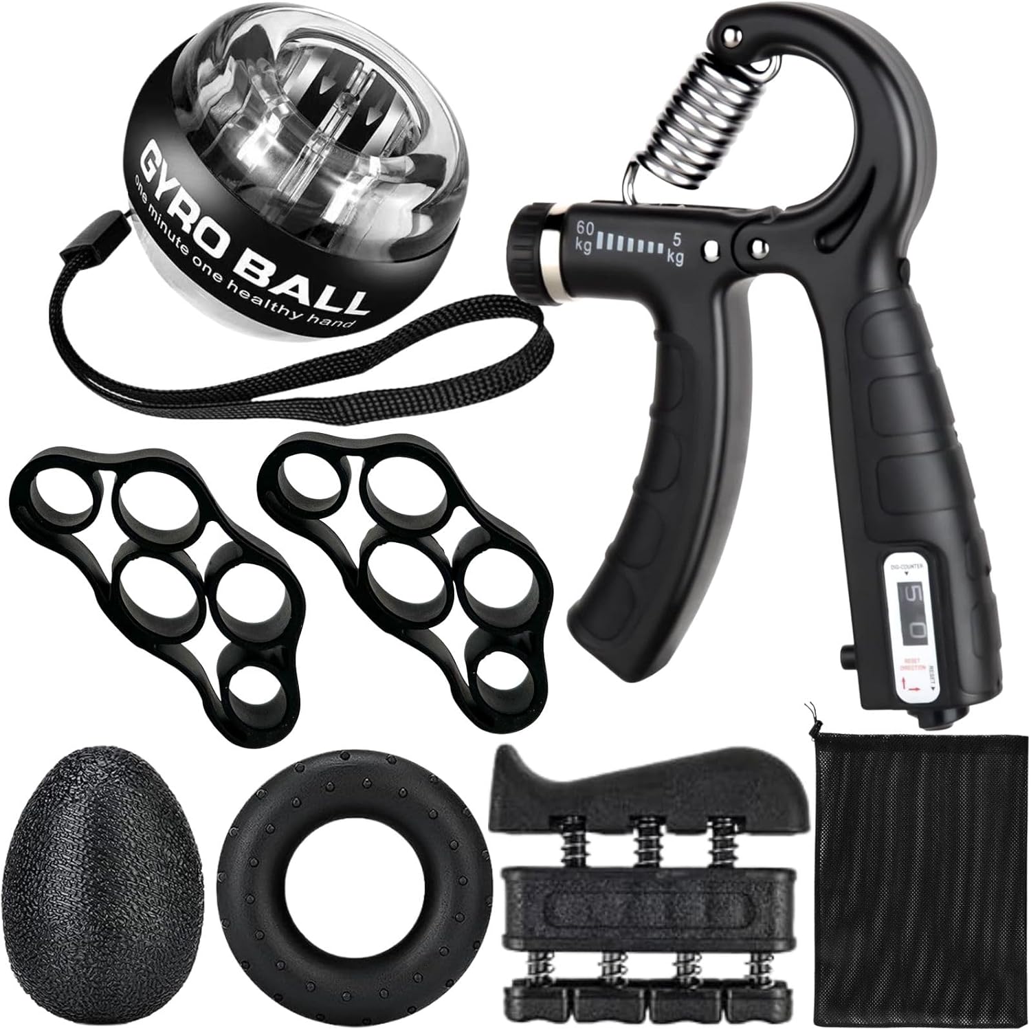 Hand Grip Strengthener Workout Kit (8 Pack) Forearm Grip Adjustable Resistance Hand Gripper, Finger Stretcher, Finger Exerciser, Grip Ring，Gyro Ball