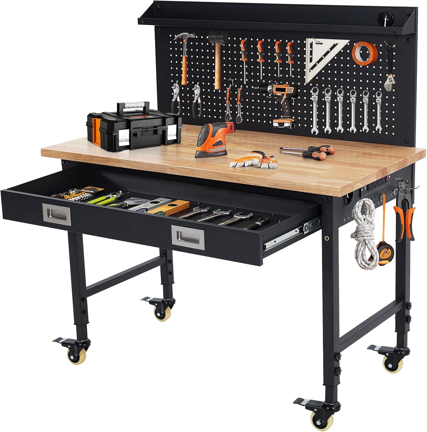 Oak & Carbon Steel Heavy Duty Adjustable Height Workbench - 28-39.5" H, 48" x 24" Top, 2000lbs Capacity