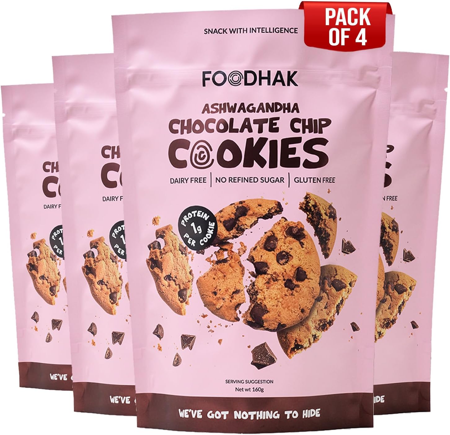 FOODHAK Ashwagandha Chocolate Chip Cookies Vegan | Pack of 4 x 160g