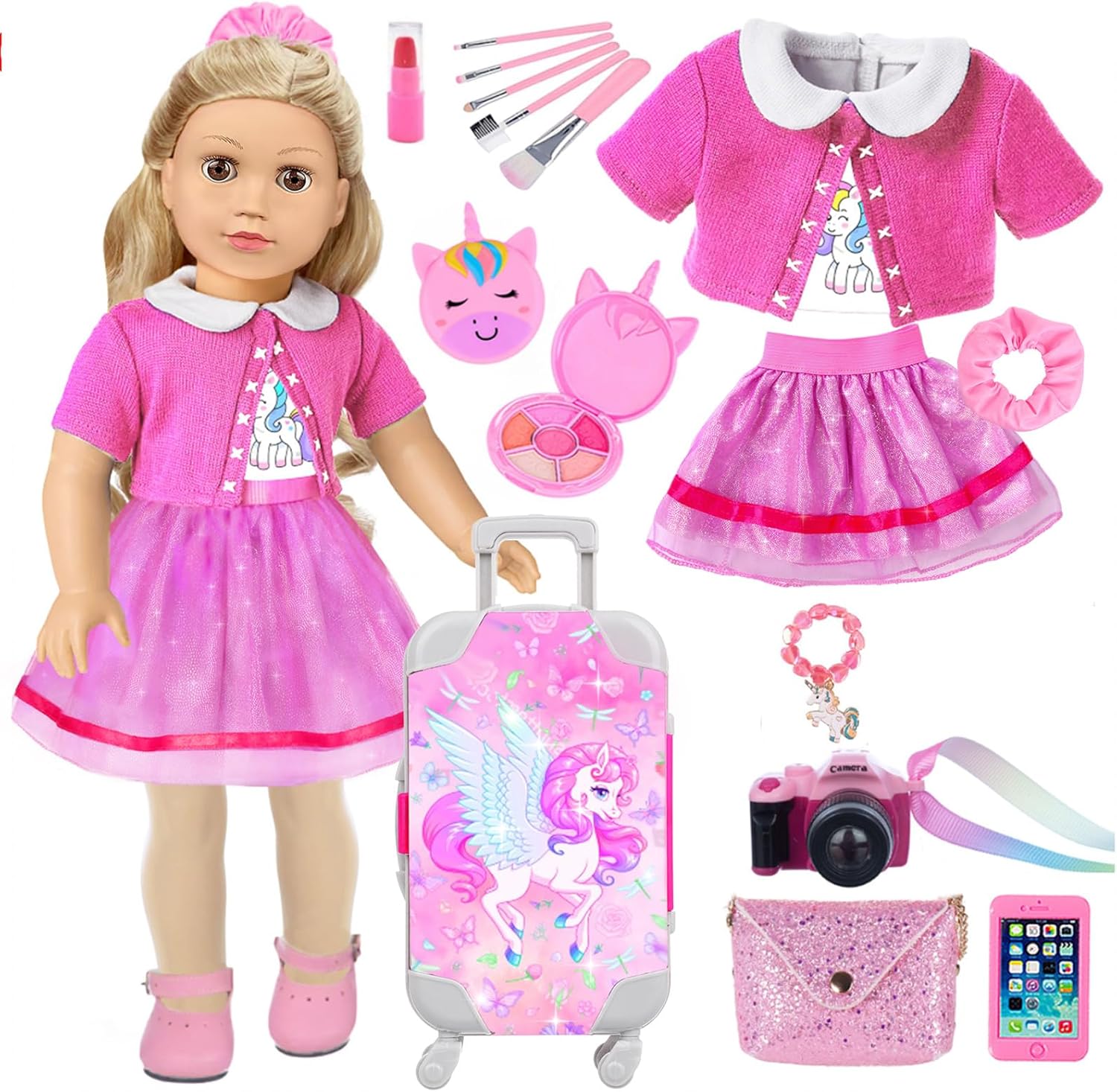 American 18 inch Doll Clothes and Accessories - Suitcase Luggage, Camera,Mobile Phone, Lipstick, Blush, Makeup Brushes, Bracelets, Bags, Hair Straps, Doll Travel Gear Makeup Set (No Dolls)