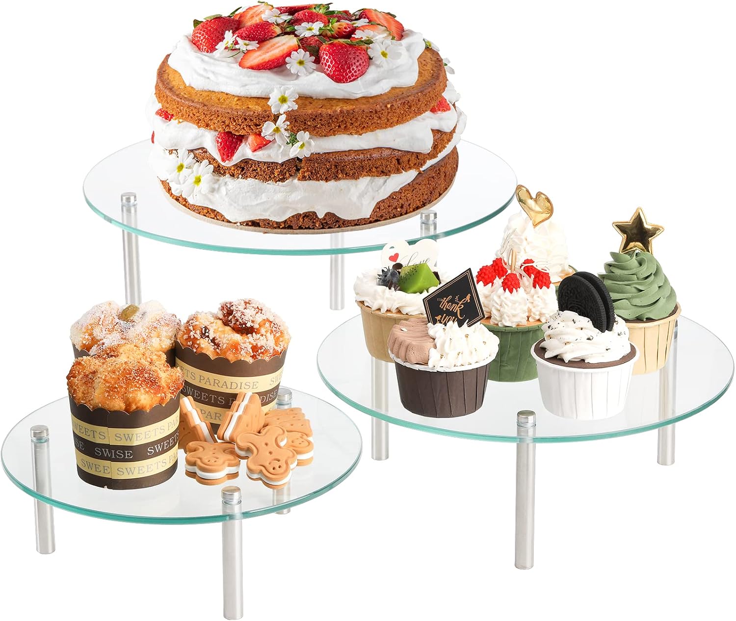 Hacaroa 3 Pcs Tempered Glass Cupcake Stands, 9,11,12.6 Inch Round Food Display Stand Clear Retail Risers for Cakes, Desserts, Pastries, Appetizers