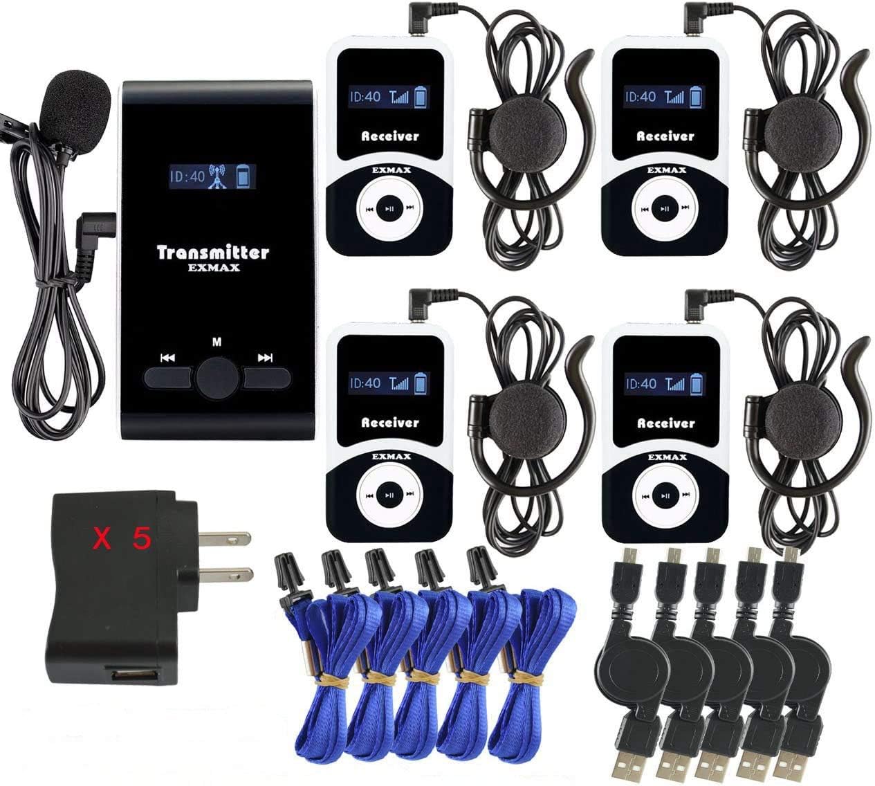 EXMAX ATG-100T 195MHz Wireless Tour Guide Acoustic Audio Voice Transmission System Microphone Earphone Headset for Church Translation Simultaneous Interpreting Tour Travel1 Transmitter 4 Receivers