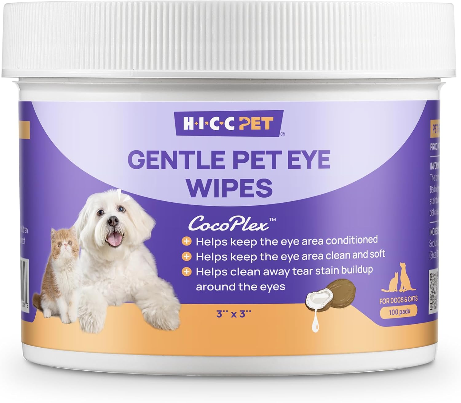 HICC PET Eyes Wipes for Dogs & Cats, Gently Remove Tear Stain, Debris, Discharge, Crust, Pet Cleaning Grooming Deodorizing Wipes Wash Cleaner for Eyes, Wrinkle, Face (100counts, Unscented)