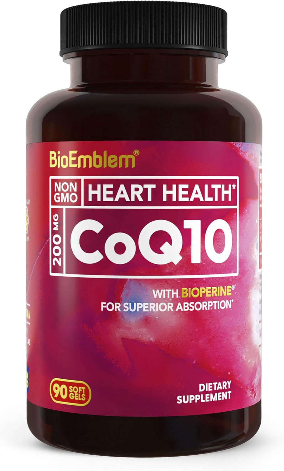 BioEmblem CoQ10 with BioPerine - 200mg Softgels, Superior Absorption - Coenzyme Q10 Antioxidant for Energy Production, Heart Health - Natural Form, Non-GMO CoQ10 Supplement - 90 Count