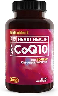 BioEmblem CoQ10 with BioPerine - 200mg Softgels, Superior Absorption - Coenzyme Q10 Antioxidant for Energy Production, Heart Health - Natural Form, Non-GMO CoQ10 Supplement - 90 Count