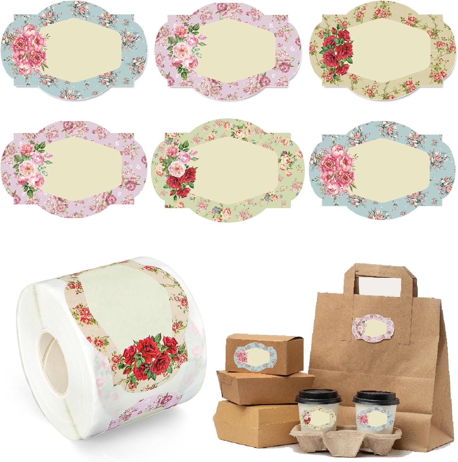 Whaline 250Pcs Vintage Floral Jar Label Stickers Roll Retro Flower Paper Decals Blank Paper Label Stickers Tags for Family Kitchen Sauce Candy Bottle, 3 x 2 Inch