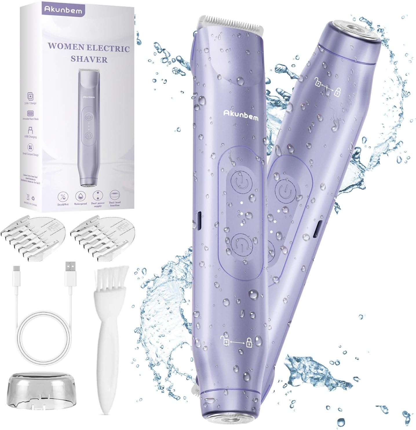 Akunbem 2 in 1 Women Electric Shaver Dual Head Bikini Trimmer for Women IPX7 Waterproof Wet & Dry Use Body Hair Trimmer and Facial Hair Remover for Bikini Underarm Leg Arm Body Face, Purple