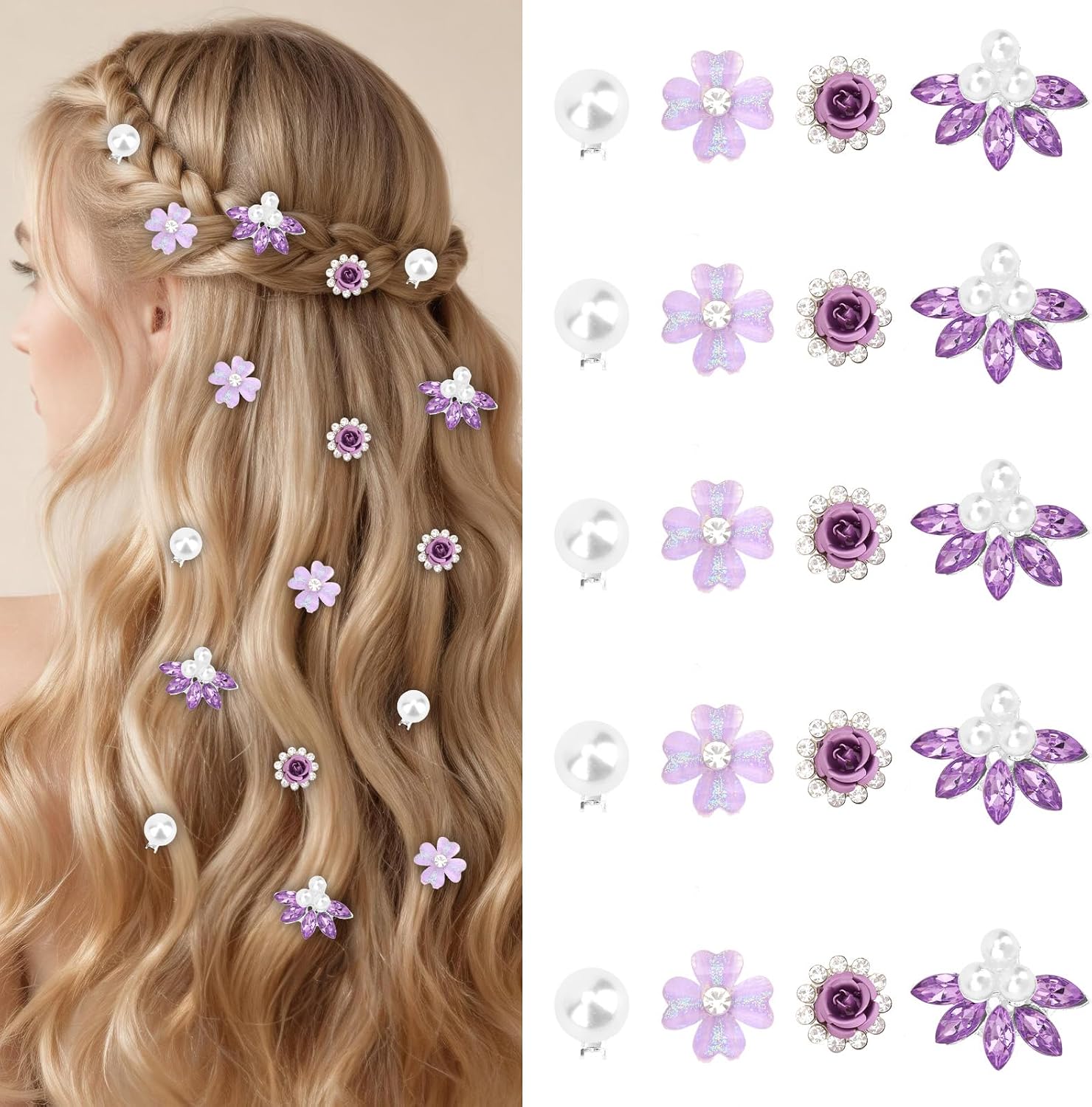 20 Pcs Mini Rhinestone Flower Hair Clips Purple Hair Accessories