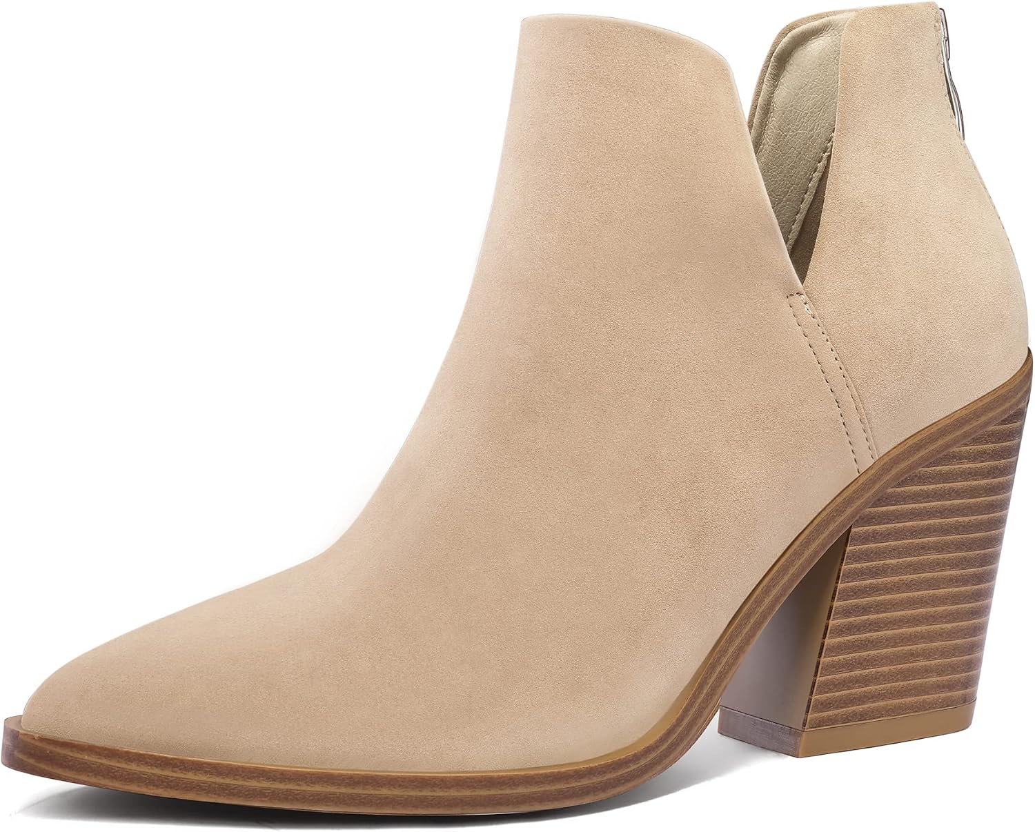 mysoft Women's Ankle Boots Slip on Cutout Pointed Toe Chunky Stacked Mid Heel Booties