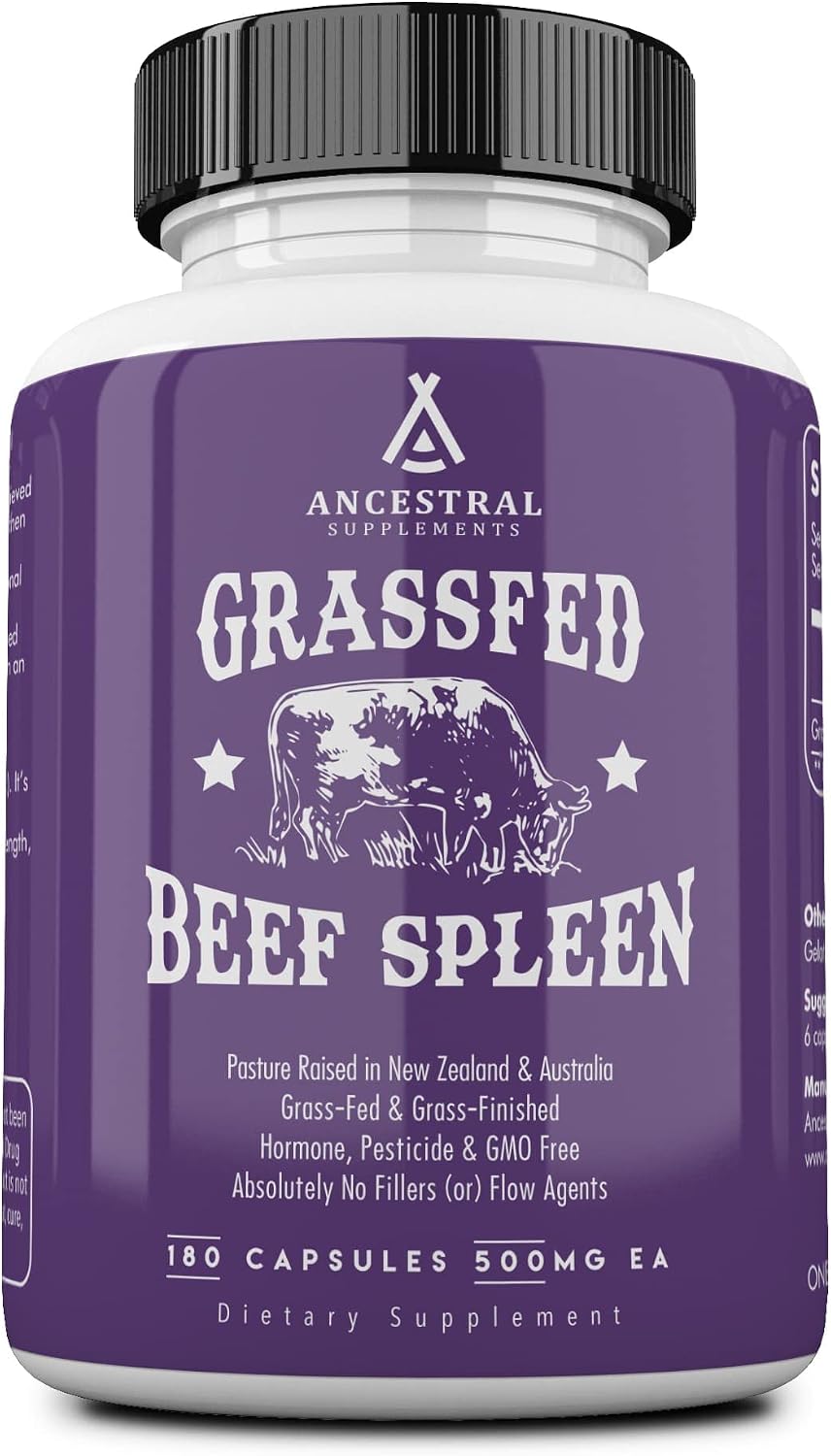 Ancestral Supplements Grass Fed Beef Spleen Supplement, 3000mg Beef Organ Spleen Support Formula Promotes Digestive, Immune, Iron, Energy and Allergy Health, Non GMO, 180 Capsules