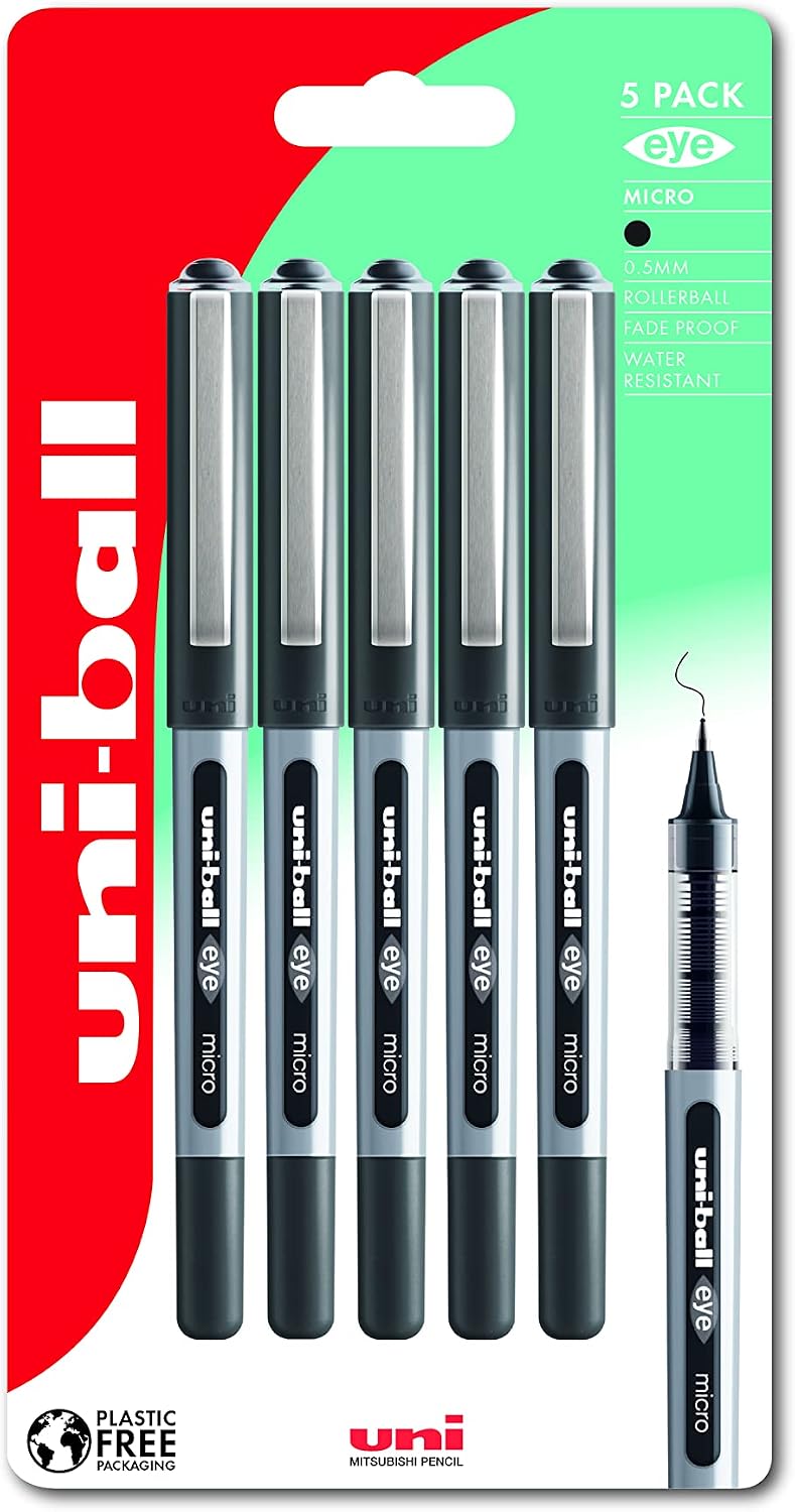 uni-ball UB-150 Eye Black Rollerball Pens. Premium Micro 0.5mm Ballpoint Tip for Super Smooth Handwriting, Drawing, Art, Crafts and Colouring. Fade and Water Resistant Liquid Uni Super Ink. 5 Pack