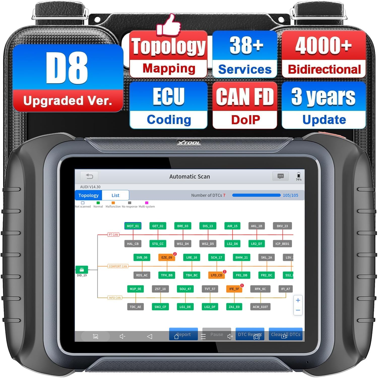 XTOOL D8S OBD2 Scanner: 2025 Upgrade of D8, Bidirectional Scan Tool with 3-Year Update, Topology Mapping, FCA AutoAuth, ECU Coding, 42+ Resets, All Systems Car Scanner Diagnostic Tool, CANFD/DoIP