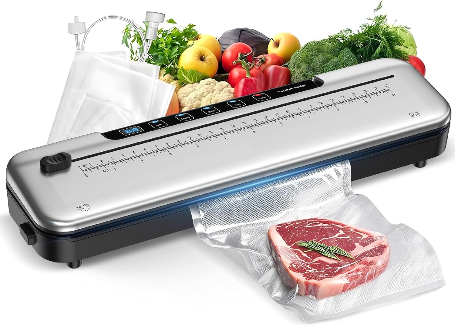 75kPa Compact Vacuum Sealer Machine For Food, 6-in-1 Sous Vide Vacuum Sealing Machine with Starter Kits, External Sliding Blade, Digital Countdown Timer, Silver