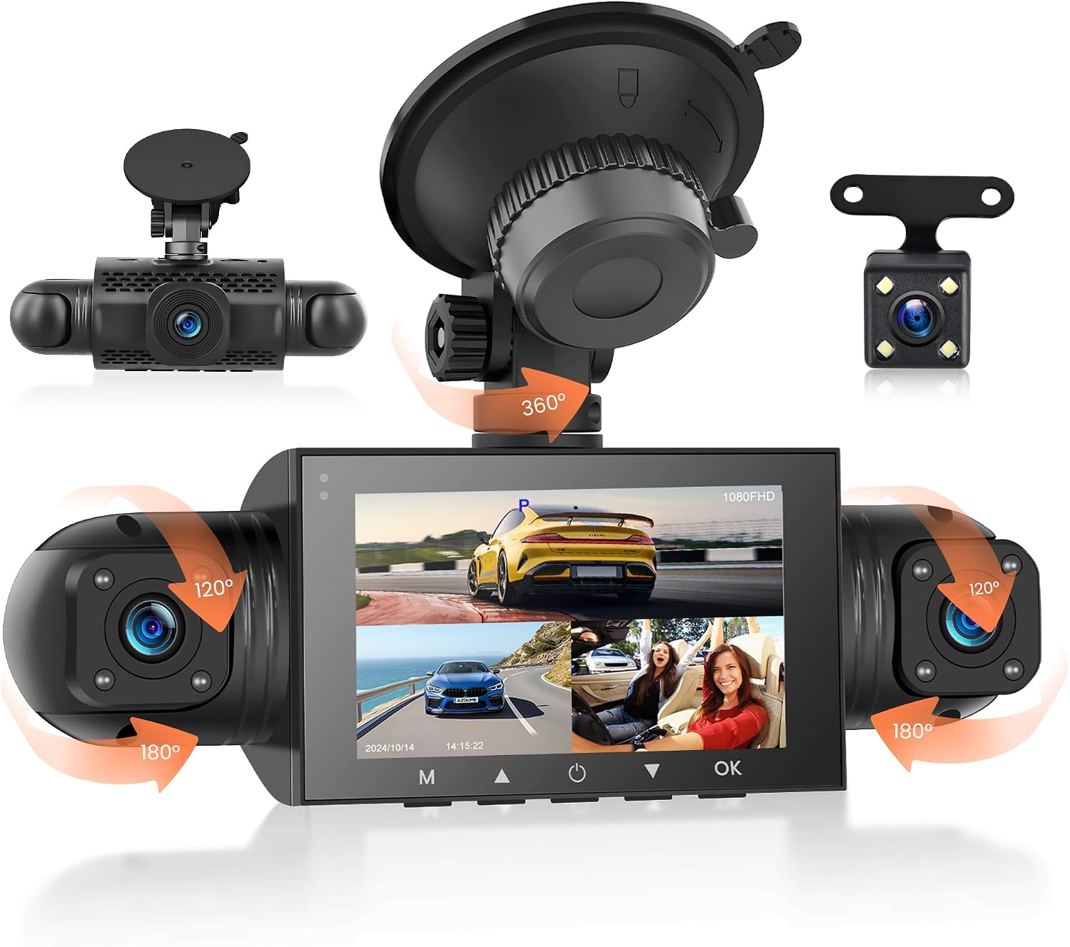 4 channal Dash Cam 360° Car Recorder Front and Rear Inside Side，3 inch 1080P DVR Camera with 480 Rear Pull + G-Sensor, Rearview, Night Visio, Loop Record, 24H Parking Watch