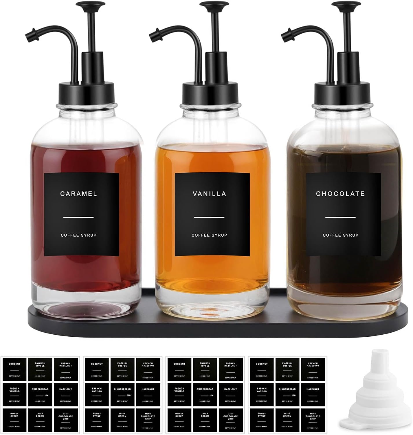 Sunal 3pack Coffee Syrup Dispenser,Black 16.9 oz/500ml Glass Pump Bottles with Tray,Syrup Dispenser with Funnel&36 Labels for Kitchen&Coffee Bar