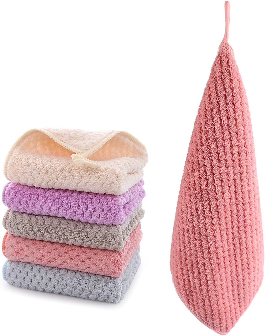 Small Towels with Hanging Loop,Hand Dry Towels for Kitchen & Bathroom, Super Absorbent Soft Small Hanging Towel Set with Hanging Loop, Machine Washable Towel Fast Drying, Set of 5 …
