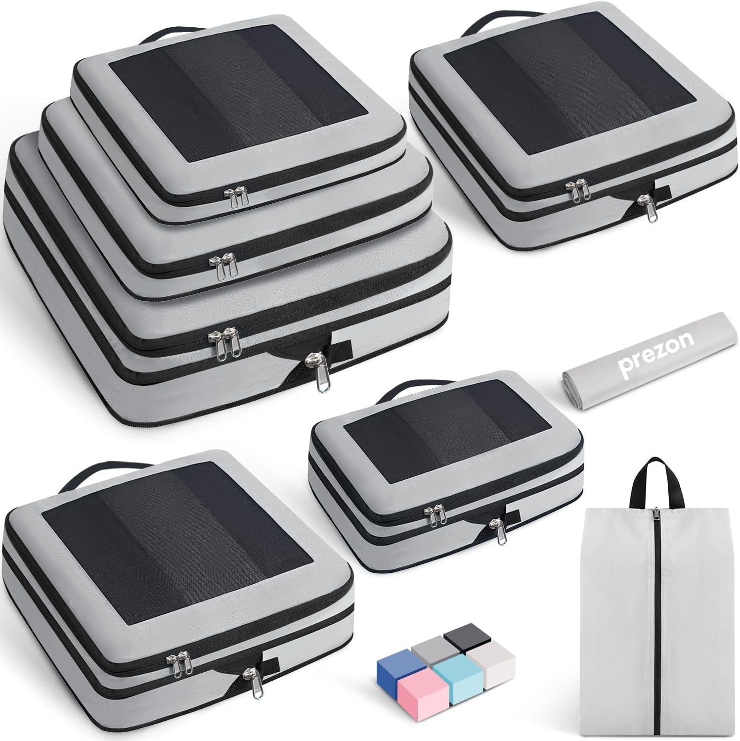 Prezon 8 Set Compression Packing Cubes for Suitcases, Full Open & Visible Design, Luggage Organizer Bags Set for Carry on, Travel Essentials Travel Gifts for Women with Laundry Bag and Shoe bag