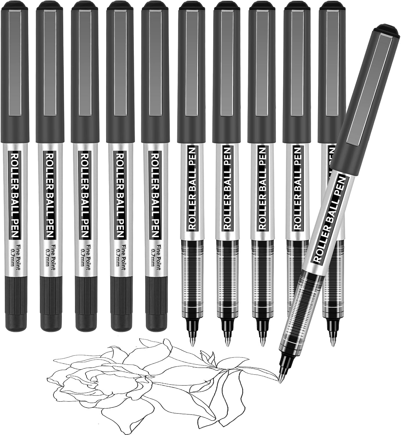 Rollerball Pen, 10 Pack Black Gel Pens 0.7 mm Fine Point Liquid Ink, Quick-Drying Ballpoint Pen for Writing, Journaling, Home Office School Stationary Supplies