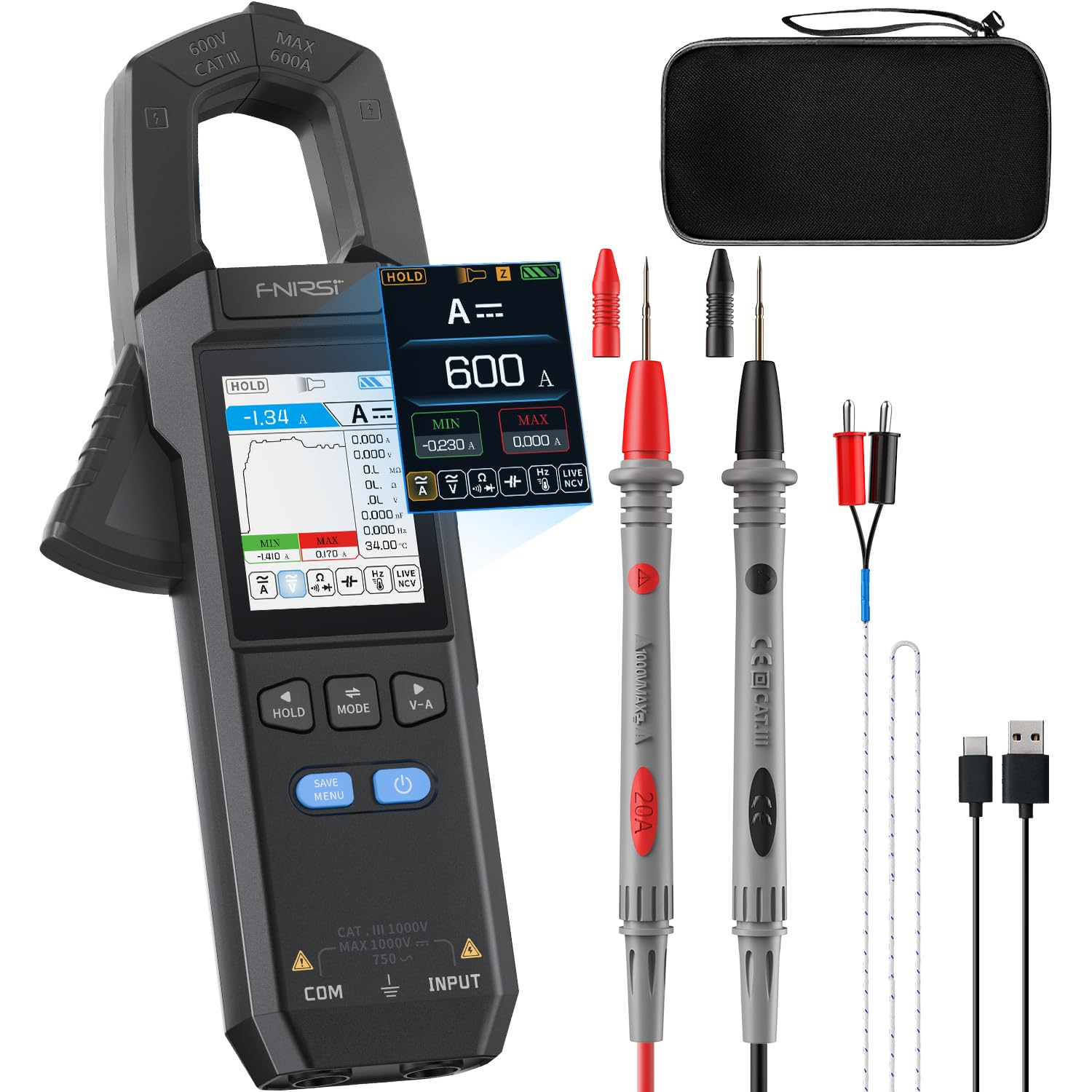 FNIRSI DMC-100 Digital Clamp Meter 9999 Counts TRMS Multimeter, 600A Curve Recording Rechargeable Amp Meter with Storage Bag, NCV, AC/DC Voltage Current, Continuity Capacitance Diode Resistance