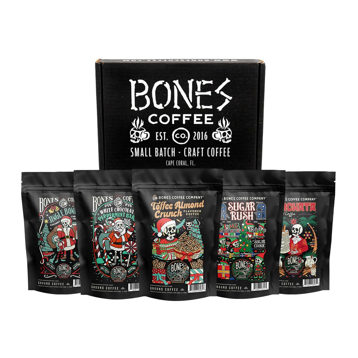 Bones Coffee Company Holiday Favorites Bundle, 5 Assorted Flavored Coffee Low Acid Medium Roast Arabica Beans Specialty Coffee Gifts, Auto Drip and French Press Compatible, 4 oz Pack of 5 Ground