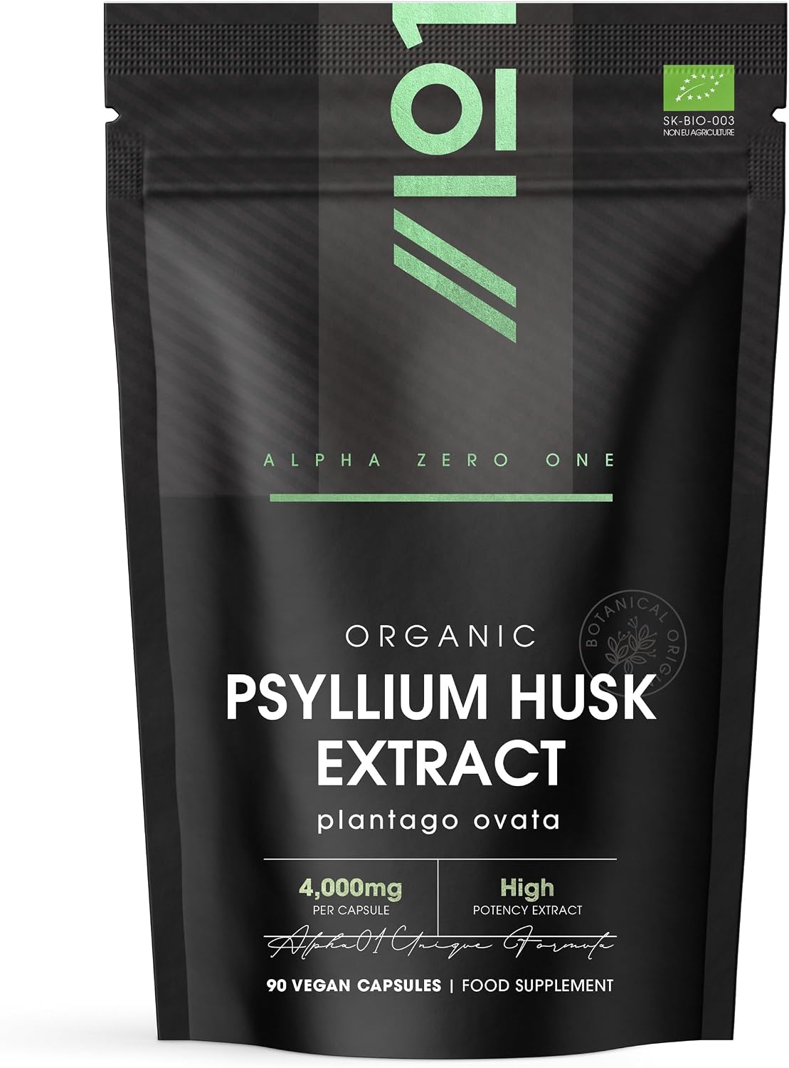 Organic Fibre Supplement 4000mg Psyllium Husk - Natural Prebiotic Fibre Supplement from Raw Plantago Ovata Seeds - 90 Vegan Capsules - Resealable and Recyclable Pouch by Alpha01