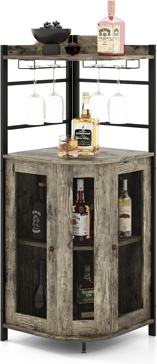 TANGZON Corner Bar Cabinet, 2 Mesh Doors Wine Cabinet with Glass Holders, Adjustable Shelf & Anti-Tipping Devices, Industrial Liquor Drinks Storage Sideboard for Home Bar Kitchen Cellar (Oak Grey)
