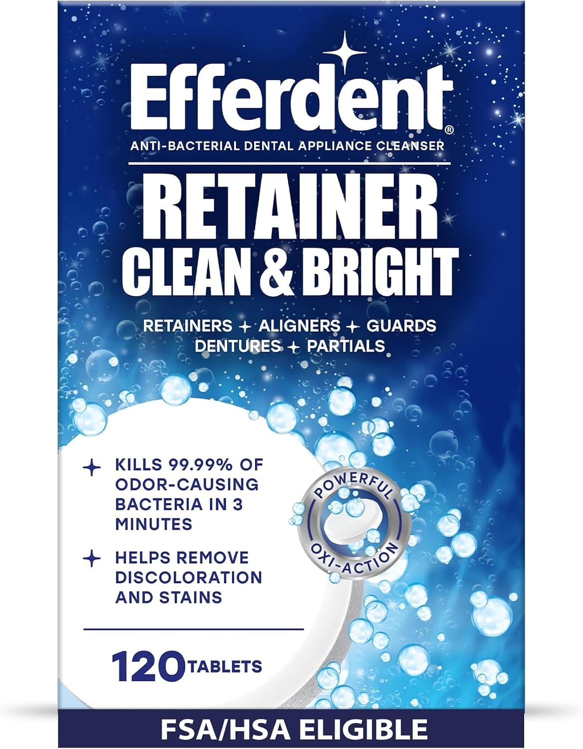 Efferdent Retainer Cleaner Tablets for Aligners, Mouth Guards & Night Guards, Clean & Bright, 120 Count, 3-Minute Daily Retainer Cleaner, Tough Stain & Odor Remover for Dental Appliances (Pack of 6)