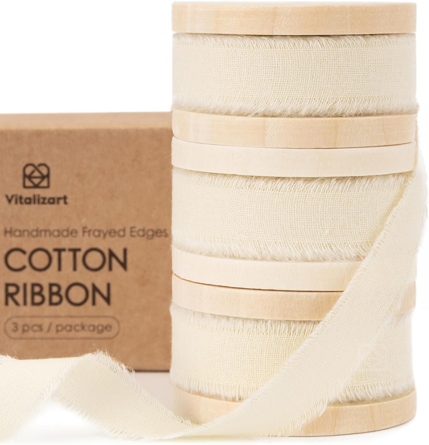 Vitalizart 3 Rolls Handmade Fringe Natural Cotton Ribbon 5/8" x 21Yd Cream White Eco-Friendly Ribbons for Wedding Invites Bridal Bouquets Gift Wrapping Holiday Decor Ivory