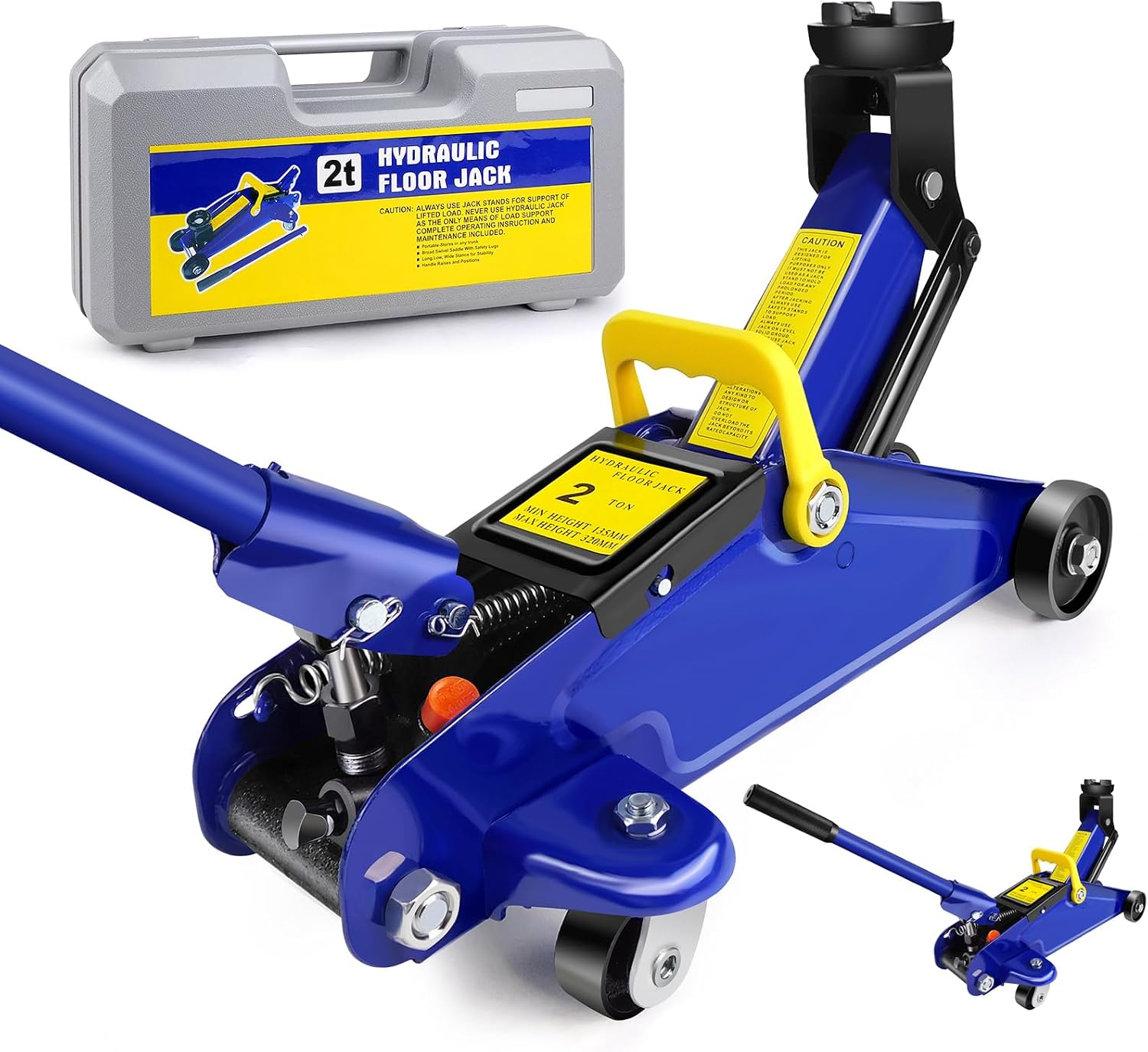 Floor Jack Car Jack Hydraulic Car Lift Jack Stands 2 Ton Low Profile Floor Jack Trolley 4400lbs Capacity Lift Range 5.3" to 12.6" with Swivel Casters and Carry Case