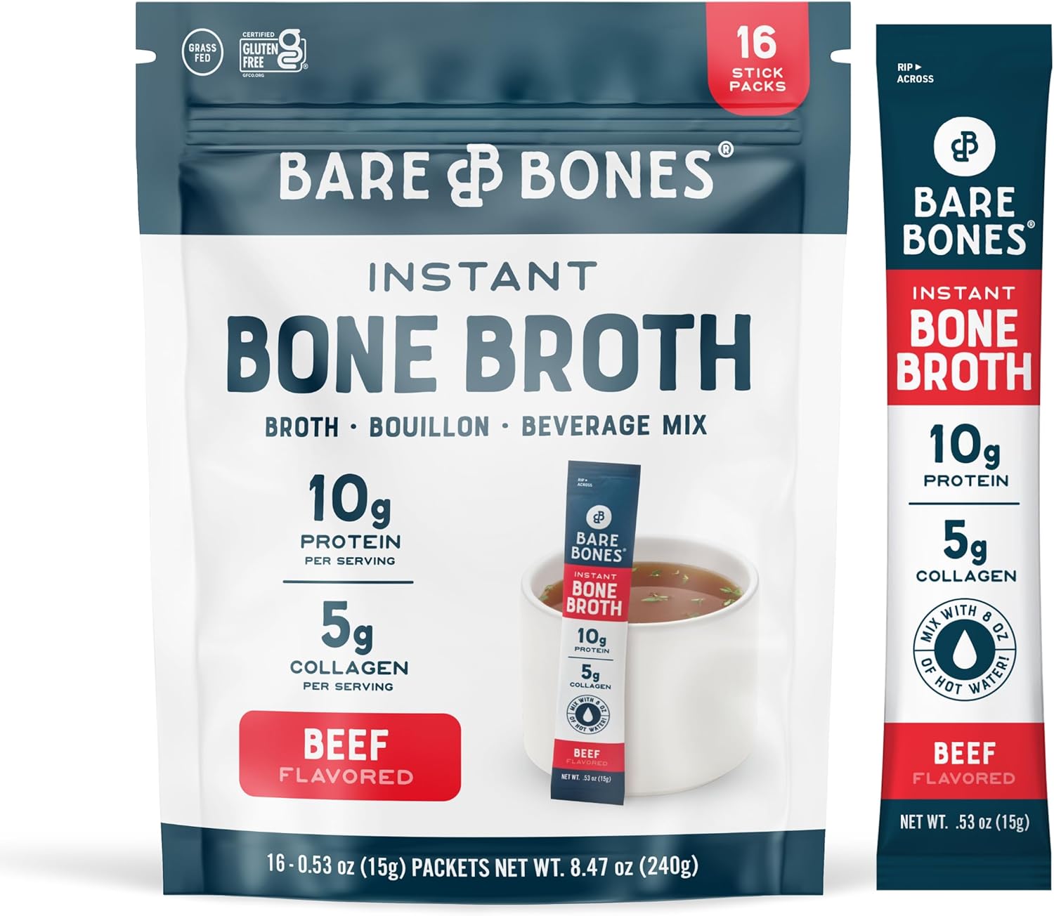 Bare Bones Beef Bone Broth Instant Powdered Mix | Rich Savory Packets on-the-Go No Artificial Flavors | Keto & Paleo Friendly | 10g Protein | 16 Pack