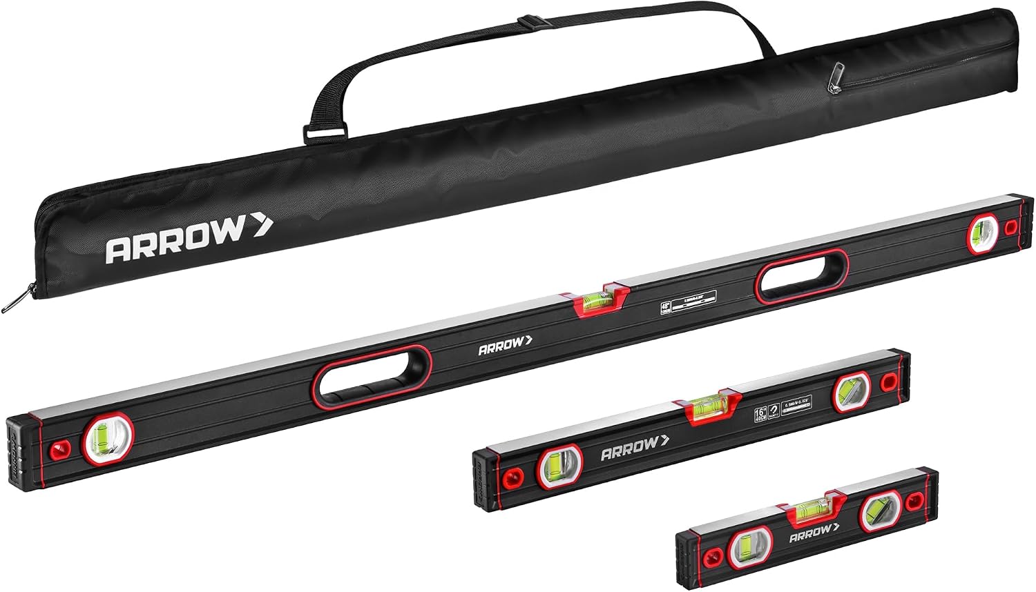 ARROW 3-Piece Spirit Level Set Included 9"/16"/48" Level with Carrying Bag | 45°/90°/180° Bubbles Leveler, Aluminum Alloy Body, Precision-Machined Base & Shockproof End Caps for Construction, Carpentry