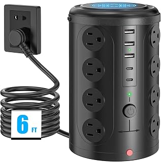 Power Strip Surge Protector Tower with 16 Outlets and 5 USB Ports (2 USB-C), 6ft Extension Cord with Multiple Outlets, 45° Flat Plug,21-in-1 Charging Station for Home Office Dorm Room Essentials Black
