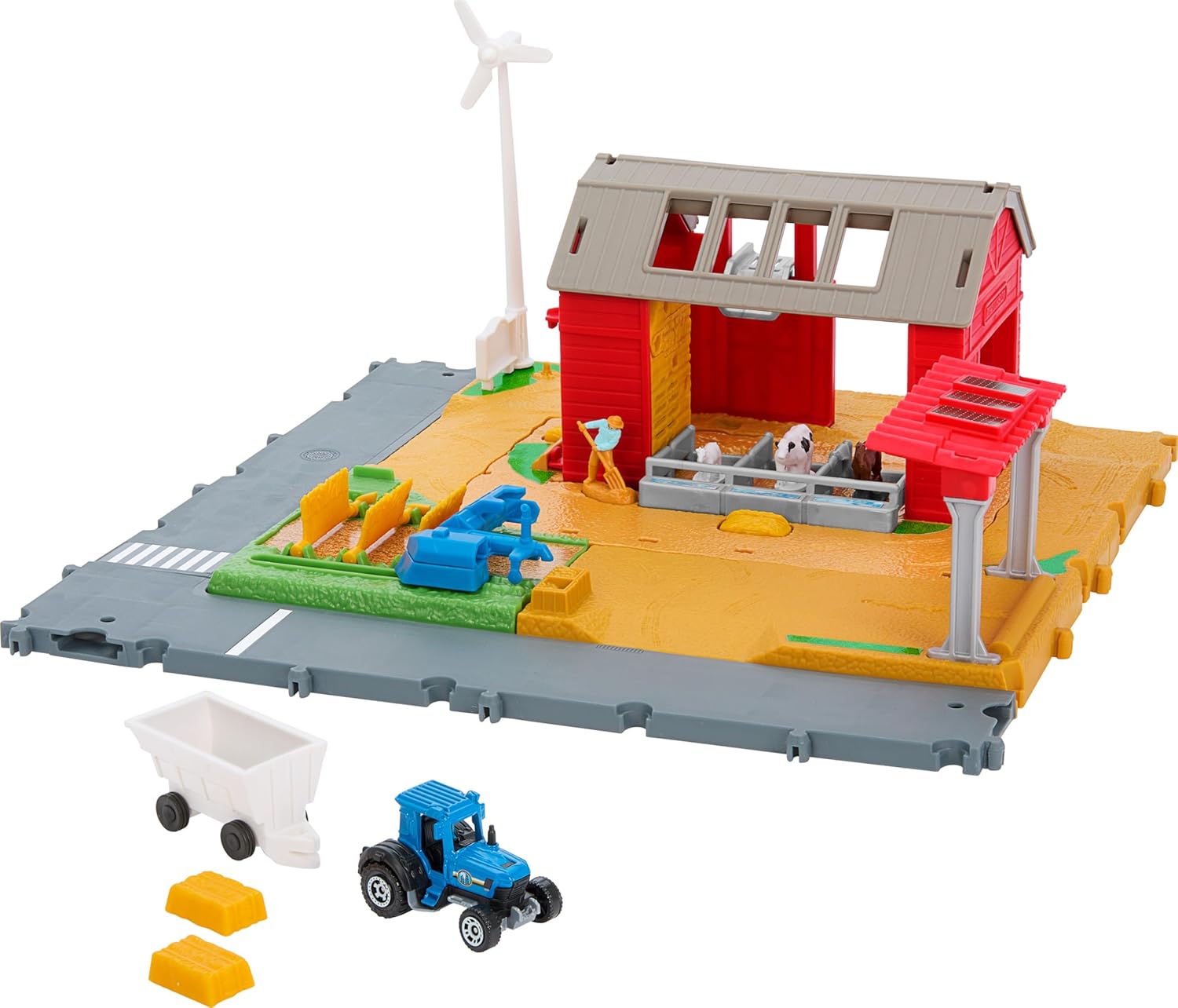 Matchbox Toy Car & Playset, Action Drivers Farm Adventure with 1:64 Scale Tractor & Trailer, 2 Hay Bales & Detachable Goat, Horse & Cow Figures & Sounds
