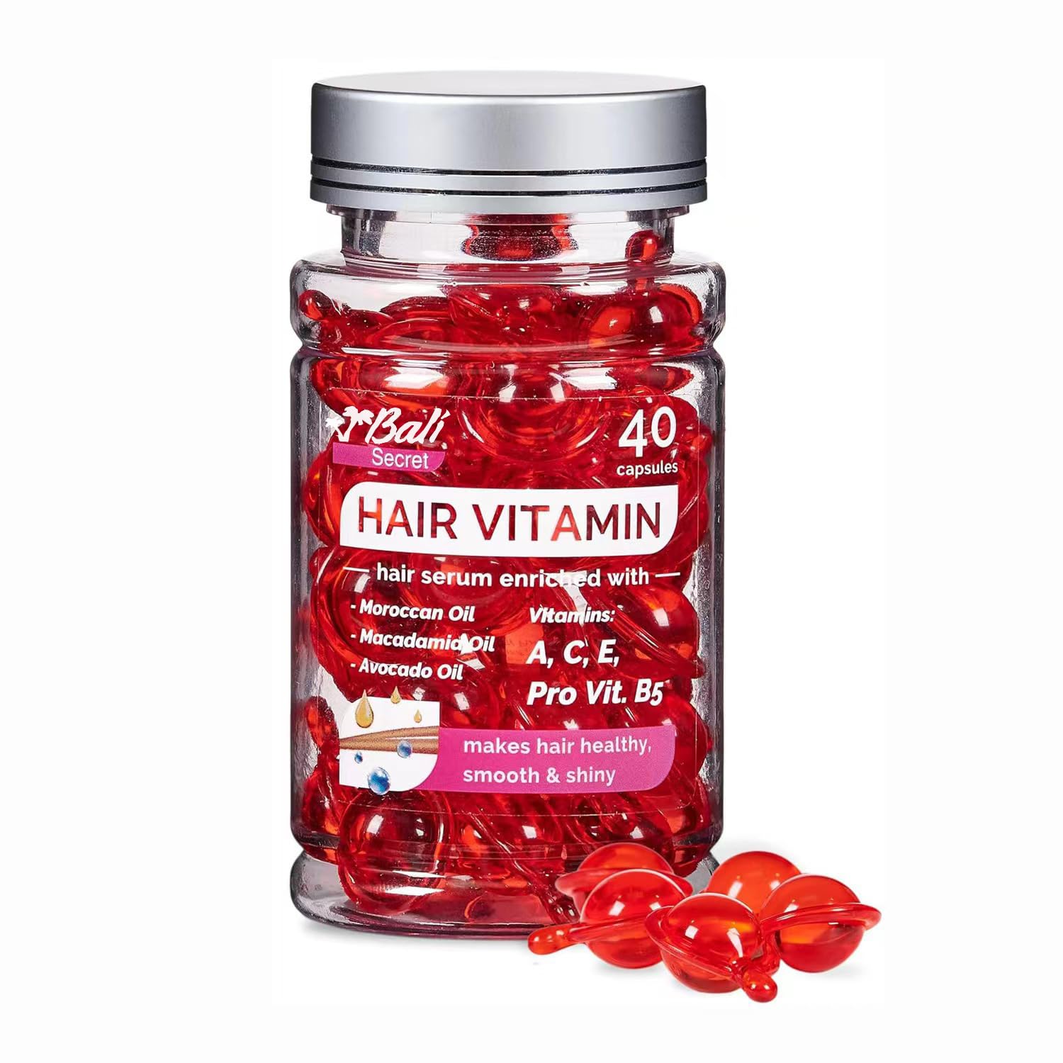 Hussell Hair Treatment Serum Bali Secret - 40 Hair Care Capsules - No Rinse - With Argan Macadamia & Avocado Oils - Vitamins A, E, & Pro B5 - Conditioner for Women & Men